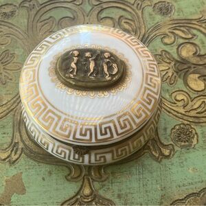 Antique Royal Vienna Beehive Mark Hinged Trinket Box Greek Key Cherubs